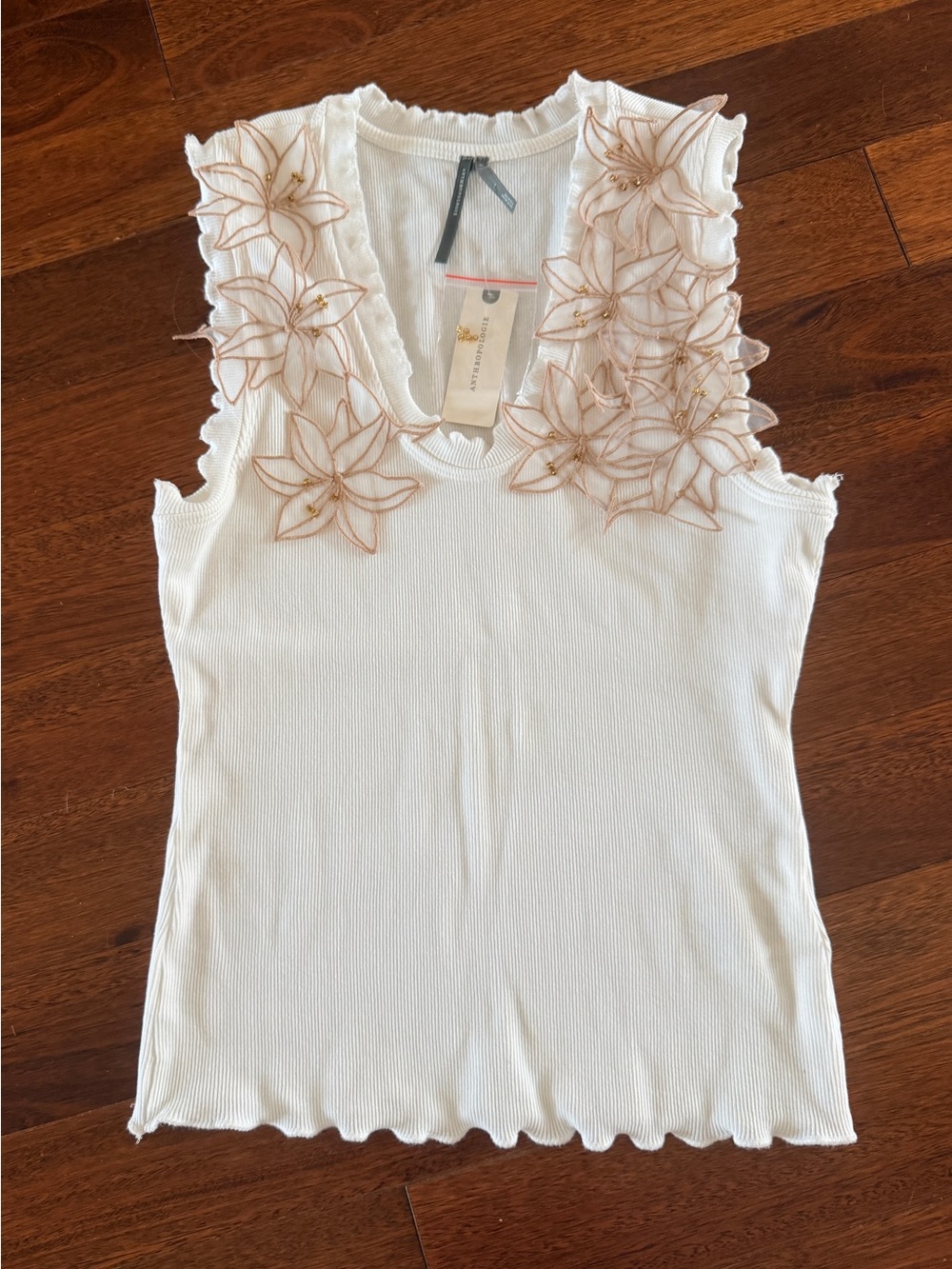 Women's White Tank with Floral Appliqué By Anthropologie